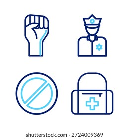 Set line Kit de primeiros socorros, Banda, Policial e Mão levantada com ícone de punho cerrado. Vetor