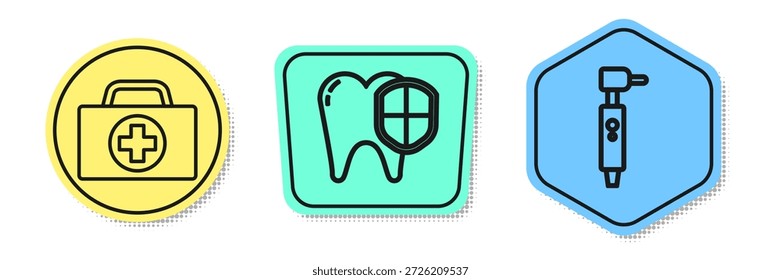 Set line First aid kit, Dental protection and Tooth drill. Colored shapes. Vector