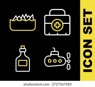 Set line First aid kit, Submarine, Rum bottle and Sharp stone reefs icon. Vector