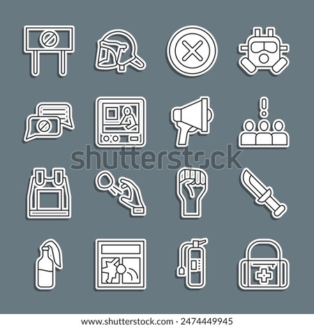 Set line First aid kit, Military knife, Crowd protest, X Mark, Cross in circle, Television report, Speech bubble chat, Protest and Megaphone icon. Vector