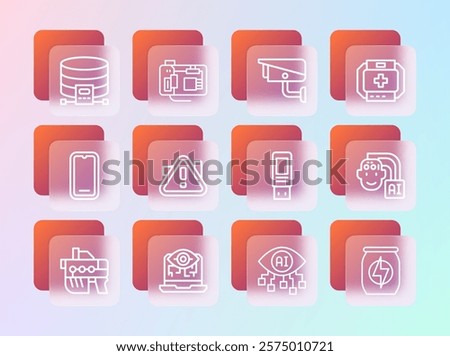 Set line First aid kit, Computer vision, USB flash drive, Exclamation mark in triangle, Security camera, Cloud database and Motherboard icon. Vector