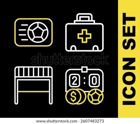 Set line First aid kit, Football betting money, goal and Soccer football icon. Vector