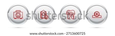 Set line First aid kit, Dental card, Teeth with braces and Otolaryngological head reflector. Silver circle button. Vector