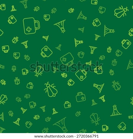 Set line First aid kit, Mosquito and Volcano eruption on seamless pattern. Vector