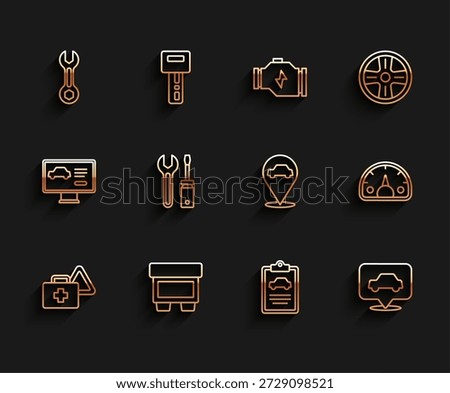Set line First aid kit and warning triangle, Fuse, Wrench spanner, Car inspection, service, Screwdriver wrench, Speedometer and Location with car icon. Vector