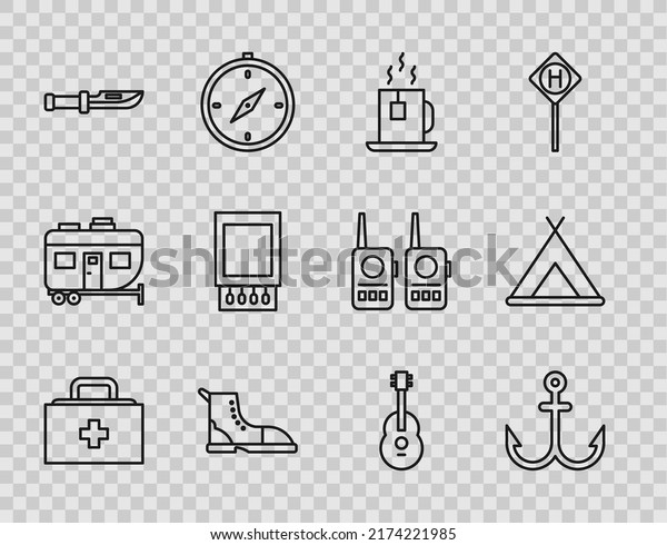 Set line First aid kit, Anchor, Cup of tea\
with tea bag, Hiking boot, Camping knife, Open matchbox and\
matches, Guitar and Tourist tent icon.\
Vector