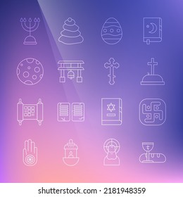 Set line First communion symbols, Jainism, Tombstone with cross, Easter egg, Japan Gate, Moon, Hanukkah menorah and Christian icon. Vector