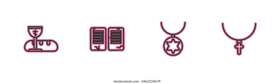 Set line First communion symbols, Star of David necklace chain, The commandments and Christian cross icon. Vector