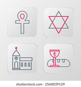 Set line First communion symbols, Church building, Star of David and Cross ankh icon. Vector