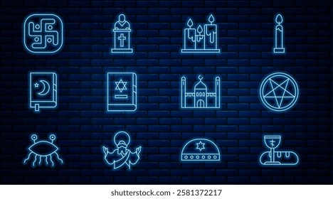 Set line First communion symbols, Pentagram in a circle, Burning candles, Jewish torah book, Holy of Koran, Jainism, Muslim Mosque and Church pastor preaching icon. Vector