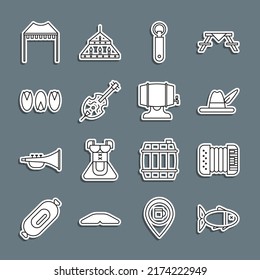 Set line Fish, Accordion, Oktoberfest hat, Bottle opener, Violin, Pistachio nuts, Camping tent and Wooden barrel rack icon. Vector