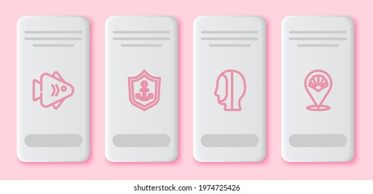 Set line Fish, Anchor inside shield, Diving hood and Scallop sea shell. White rectangle button. Vector
