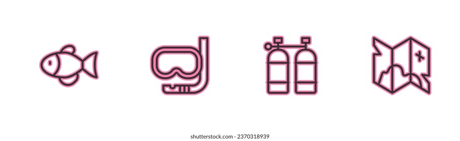 Set line Fish, Aqualung, Diving mask and snorkel and Pirate treasure map icon. Vector