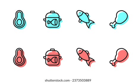 Set line Fish, Avocado fruit, Cooking pot and chicken leg and Chicken icon. Vector
