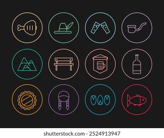 Set line Fish, Beer bottle, Glass of beer, Bench, Mountains, Chicken leg, Signboard with glass and Oktoberfest hat icon. Vector