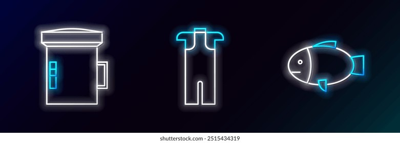 Set line Fish, Big flashlight for diver and Wetsuit scuba diving icon. Glowing neon. Vector