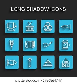 Set line Fish, Bottle opener, Wooden barrel on rack, Massive steel chandelier, Farm House, Accordion, beer mug and Smoking pipe icon. Vector