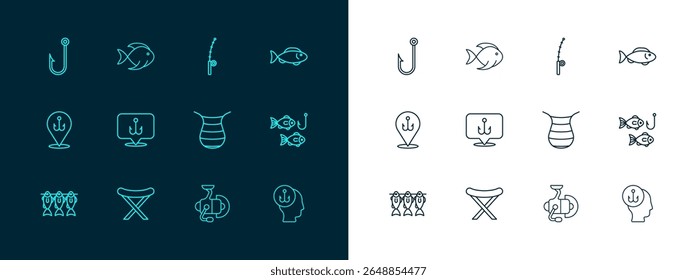 Set line Fish, Camping folding chair, Fishing net, Spinning reel for fishing, hook, rod,  and  icon. Vector