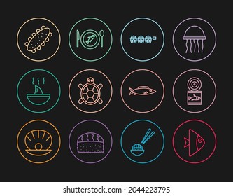 Set line Fish, Canned fish, Grilled steak, Turtle, Shark fin soup, Sea cucumber,  and Served on plate icon. Vector