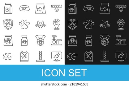 Set line Fish, Cat scratching post with toy, Location veterinary hospital, Food for fish, Paw print, Animal health insurance, Bag of food pet and  icon. Vector
