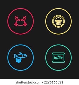 Set line Fish with caviar, Canned fish, Jellyfish on plate and Crab icon. Vector