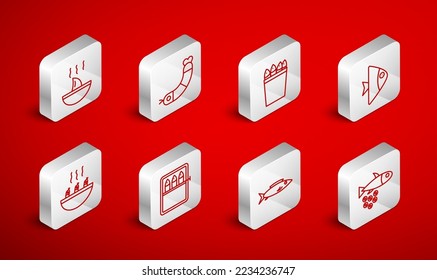Set line Fish with caviar, Shrimp, Fishing bucket fishes, Shark fin soup, Canned and Soup shrimps icon. Vector