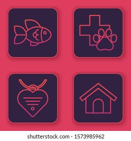 Set line Fish, Collar with name tag and heart, Veterinary clinic symbol and Dog house. Blue square button. Vector