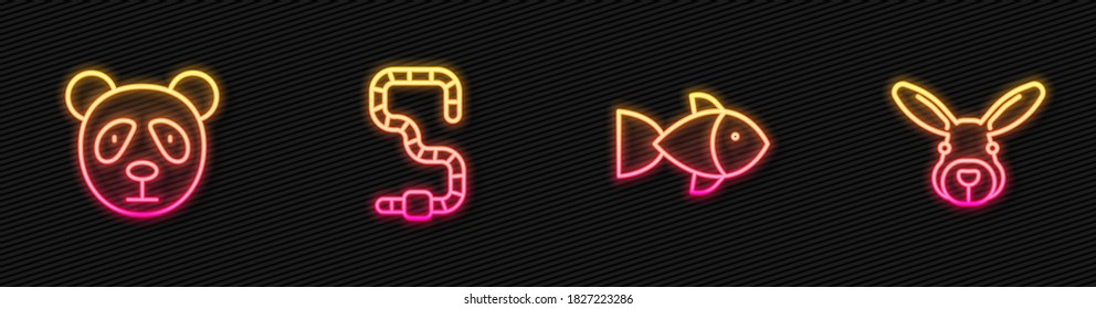 Set line Fish, Cute panda face, Worm and Rabbit head. Glowing neon icon. Vector