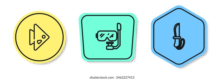Set line Fish, Diving mask and snorkel and Knife. Colored shapes. Vector