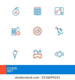 Set line Peces, máscara de buceo, flotador de pesca, arpón, carrete giratorio para pescar, altavoz mudo, Locación e icono de patrón de red. Vector