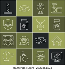 Set line Fish, Dog house, Medicine bottle and pills, Location veterinary hospital, Bag of food for pet, Animal health insurance, Cat scratching post with toy and Collar name tag icon. Vector