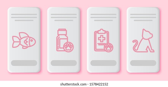 Set line Fish, Dog medicine bottle, Clipboard with medical clinical record pet and Cat. White rectangle button. Vector