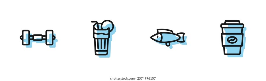 Set line Fish, Dumbbell, Fresh smoothie and Coffee cup to go icon. Vector