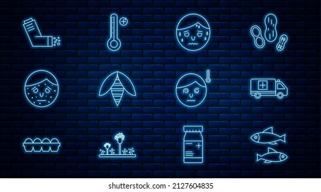 Set line Fish, Emergency car, Man with excessive sweating, Bee, Face psoriasis or eczema, Inhaler, High human body temperature and Medical digital thermometer icon. Vector