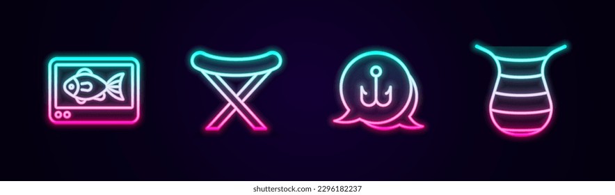 Set line Fisch Finder Echo Sounder, Camping Klappstuhl, Angelhaken und Netz. Leuchtendes Neonsymbol. Vektorgrafik