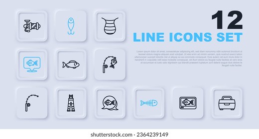 Set line Fish finder echo sounder, Case or box for fishing equipment, skeleton, Location, Fisherman pants, Fishing lure and  icon. Vector