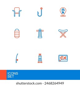 Set line Fish finder echo sounder, Fisherman pants, Fishing rod, harpoon, net, Lighthouse, Location fishing and  icon. Vector
