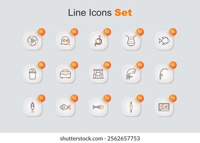 Set line Fish finder echo sounder, Fishing float, skeleton, lure, rod, Outboard boat motor and Campfire and pot icon. Vector