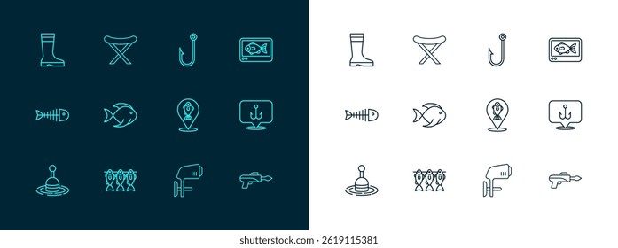 Set line Fish finder echo sounder, Dried fish, Location fishing, Outboard boat motor, Fishing hook, boots and Camping folding chair icon. Vector
