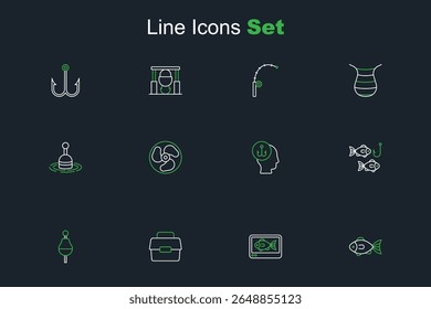 Set line Fish, finder echo sounder, Case or box for fishing, Fishing float, hook with, Camping folding chair, Outboard boat motor and water icon. Vector