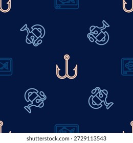 Fije el sonar del eco del buscador de los pescados de la línea, carrete giratorio para pescar y anzuelo de la pesca en el modelo inconsútil. Vector