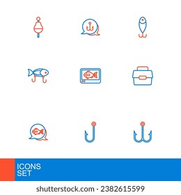 Set line Fish, Fisherman, Case or box for fishing, Fishing lure, finder echo sounder,  and hook icon. Vector