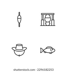 Set line Fish, Fisherman hat, Fishing float and Campfire and pot icon. Vector