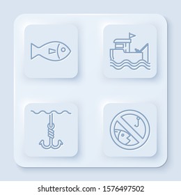 Set line Fish, Fishing boat with fishing rod on water, Fishing hook under water and No fishing. White square button. Vector