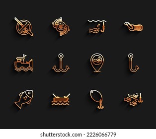 Set line Fish, Fishing boat with fishing rod on water, No, spoon, hook under,  and Location icon. Vector