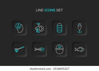 Set line Fish, Fishing bucket with fish, skeleton, net, lure, Spinning reel for fishing and Camping folding chair icon. Vector