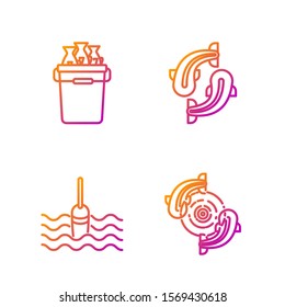 Set line Fish, Fishing float in water, Fishing bucket with fishes and Fish. Gradient color icons. Vector