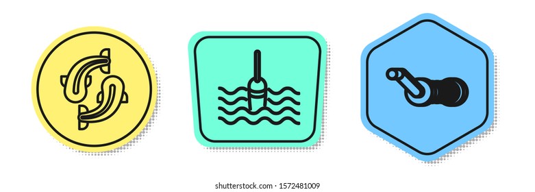 Set line Fish, Fishing float in water and Spinning reel for fishing. Colored shapes. Vector