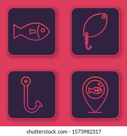 Set line Fish, Fishing hook, Fishing spoon and Location fishing. Blue square button. Vector