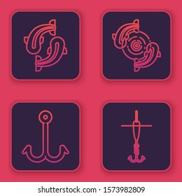 Set line Fish, Fishing hook, Fish and Fishing hook and float. Blue square button. Vector